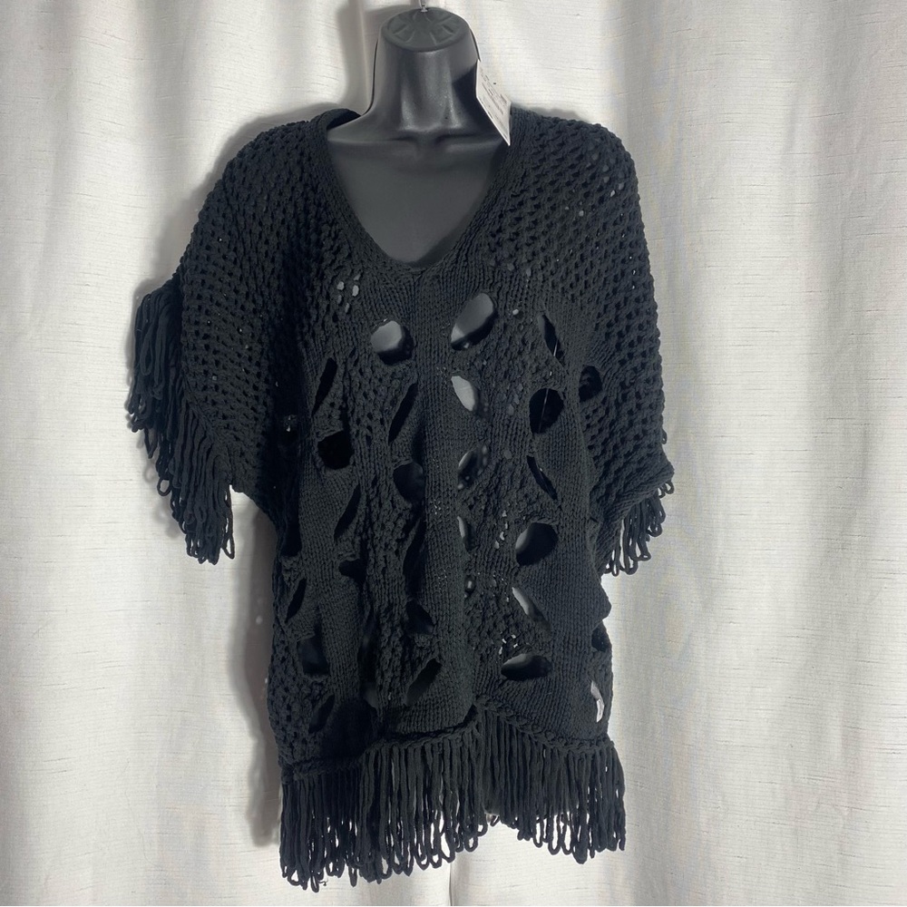 Zara Black Crochet Poncho Fringe Boho Cover Up Size S-M Knit Beach Top - Picture 2 of 8